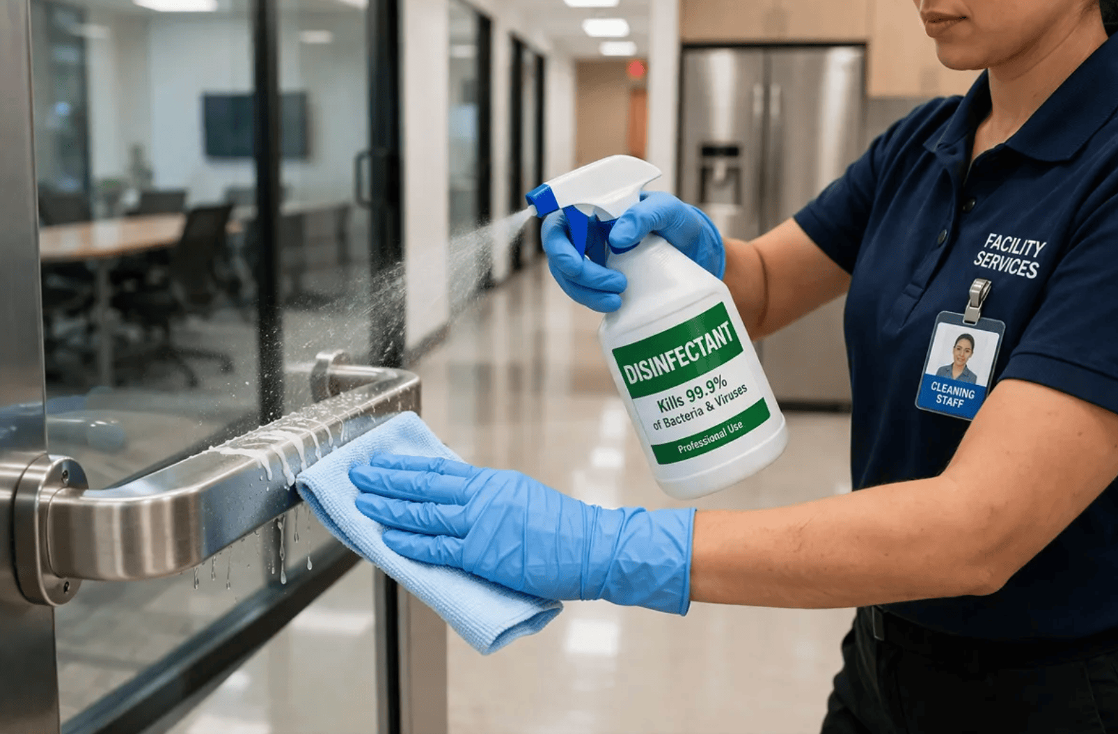 Commercial disinfection technician treating a high-touch surface