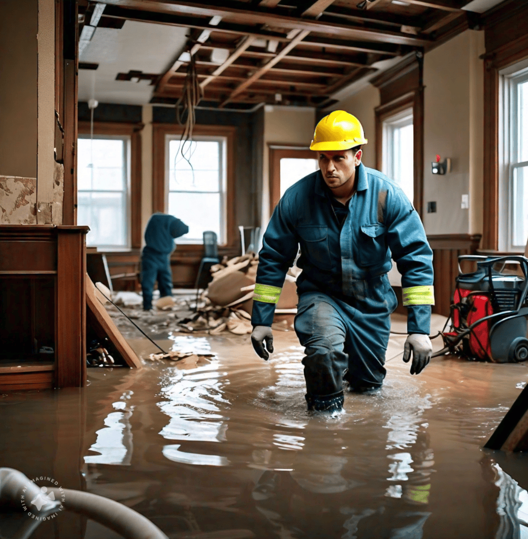 Flood restoration technician assessing water damage in a strata building