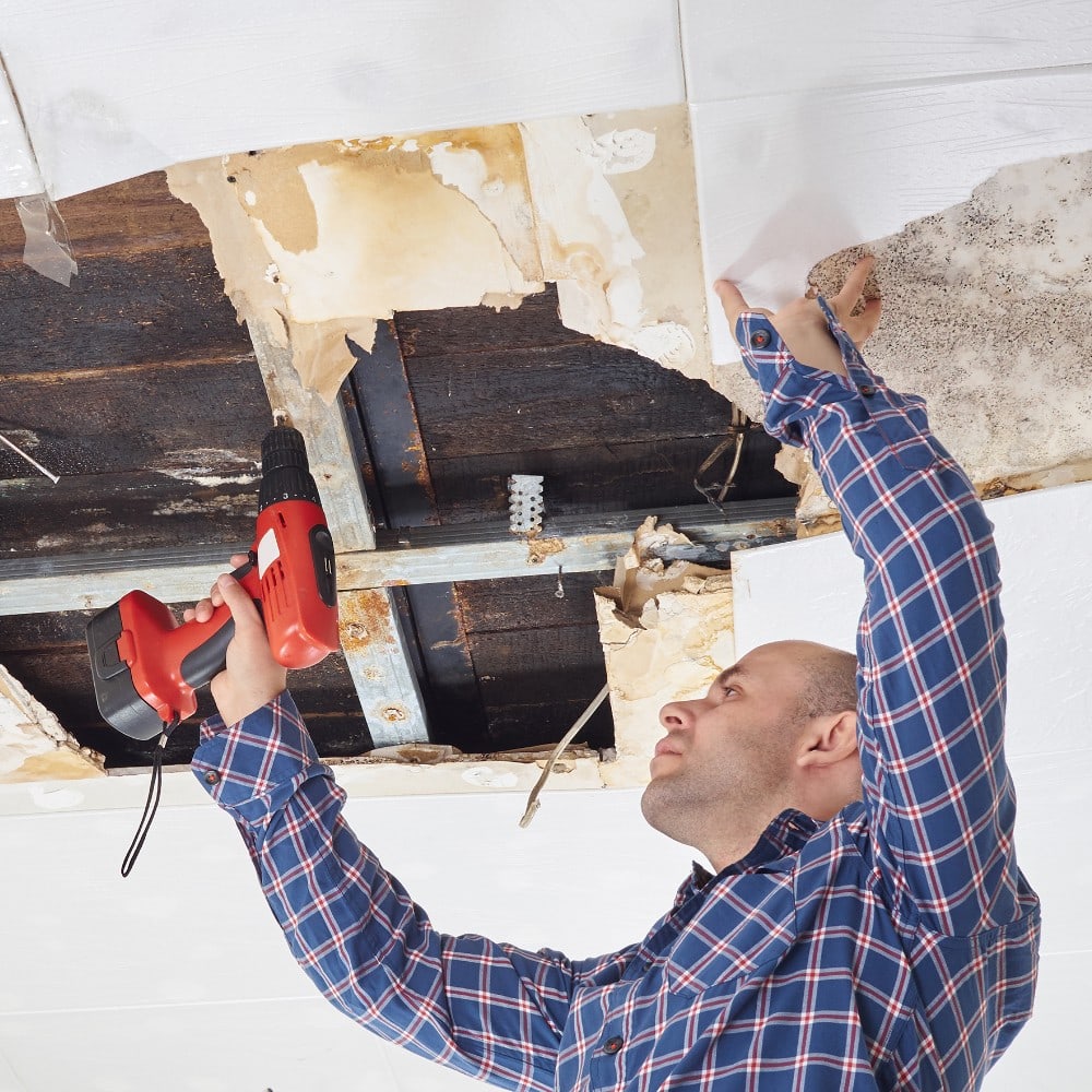 water damage restoration cost technician reviewing estimate on tablet